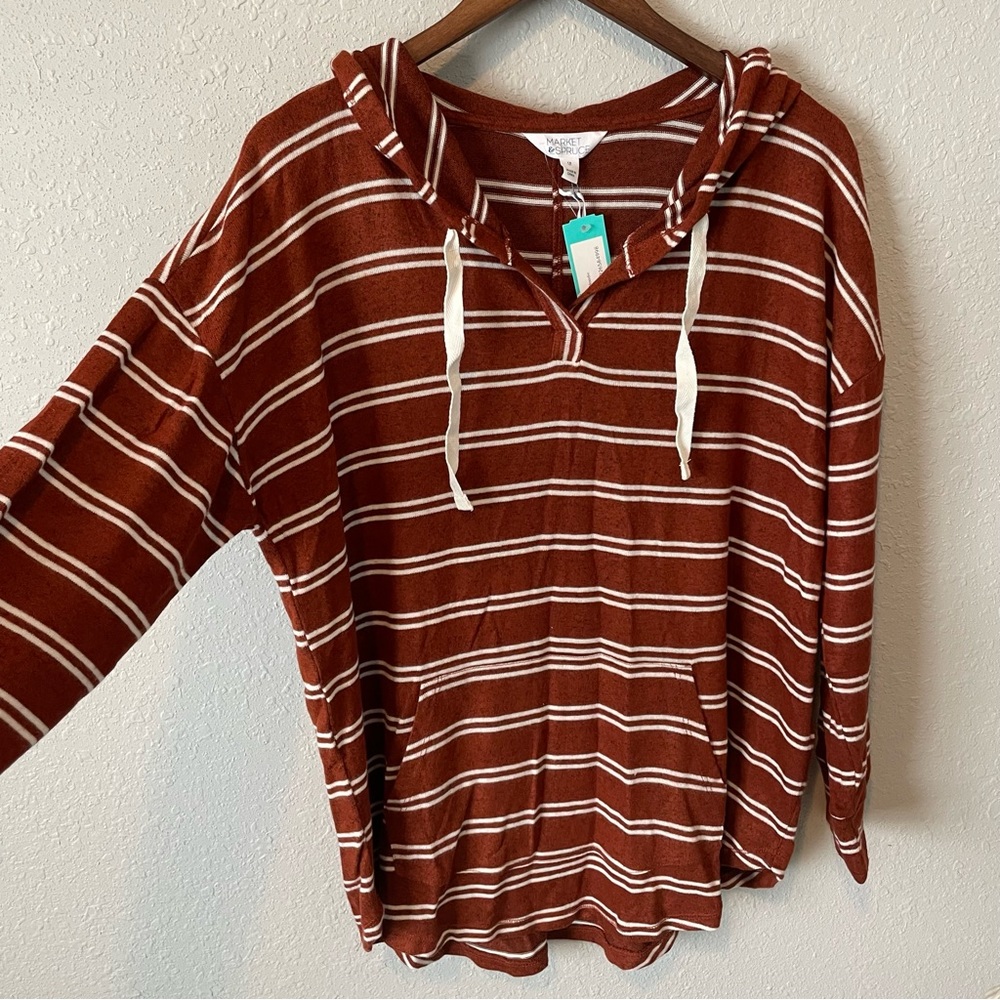 NWT Market & Spruce Kalloon Brush Knit Stripped Maroon Hooded Sweatshirt Size 1X